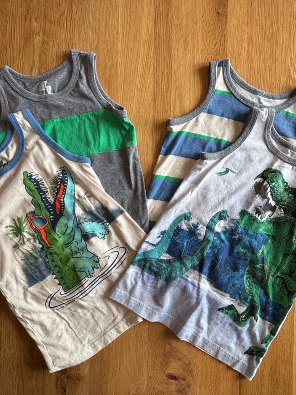 The Children's Place Gray, Green & Blue Dinosaur Tank Tops - 4 Pack